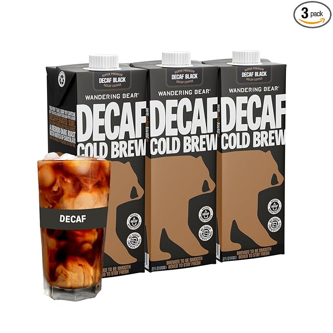 Wandering Bear Decaf Cold Brew Coffee, 32 fl oz, 3 pack - Extra Strong, Bold, Smooth, Unsweetened, Shelf-Stable, Ready to Drink, Iced Cold Brewed Coffee Drinks - Gluten Free & Vegan Decaf