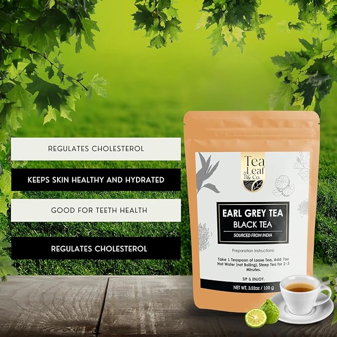 Tealeaf & Co. Earl Grey Black Tea Blended with Bergamot Extract (Loose Leaf Form) - Premium Sweet & Sour Flavored Tea - Contains Low Caffeine - Upto 50 Servings (3.52oz/100gm)