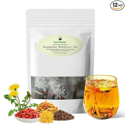 ZenVitality Dandelion Wolfberry Tea Organic Bags, dandelion root Natural Kidneys & Liver Health tea with Dandelion, Goji Berry Chrysanthemum tea, Cassia Seed, Orange Peel, Gardenia, Dandelion Root