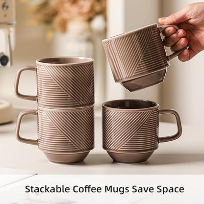 Stackable Coffee Mugs Set: 13 oz Ceramic Stacking Cups for Cappuccino Latte Tea - Microwave Safe Mug for Home & Office - 4 PCS, Grey