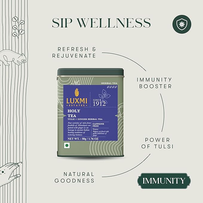 Luxmi Estates - Holy Basil - Organic Tulsi Tea - Loose Leaf - 50g (25 Cups) | With Tulsi and Ginger | Provides Immune Support, Stress Relief and Uplifts Mood