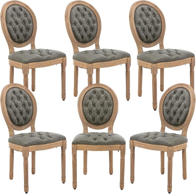French Country Dining Chairs Set of 6, Vintage Wooden Dining Chairs with PU Leather Upholstered Tufted Seat,Solid Wood Legs&Frame, Farmhouse Kitchen&Living Room Chairs(Pine Green,6 Pcs)