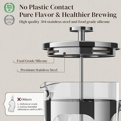 Veken French Press Coffee Maker 34oz 1 L, Heat Resistant Thickened Borosilicate Glass, No Plastic Touching Cafe, Stainless Steel Brewer, Cold Brew Cafetera Teapot for Kitchen Travel Camping, Silver