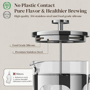 Veken French Press Coffee Maker 34oz 1 L, Heat Resistant Thickened Borosilicate Glass, No Plastic Touching Cafe, Stainless Steel Brewer, Cold Brew Cafetera Teapot for Kitchen Travel Camping, Silver