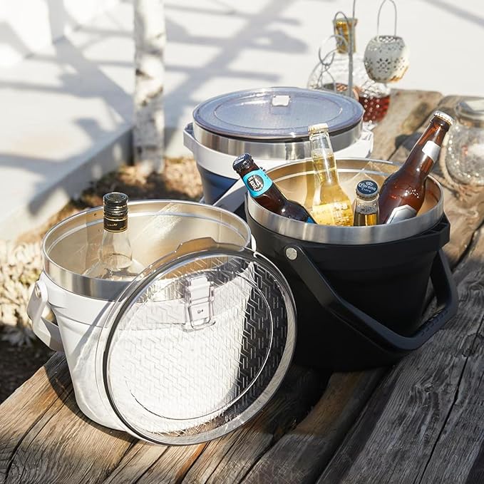 COKTIK 7L Vacuum Insulated Ice Bucket with Lid and Scoop& Tongs，Large capacity Stainless Steel Beverage Bucket for Cocktail, Champagne, Wine, Beer，Large Parties（Carbon Black Suit）