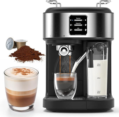 COWSAR 20 Bar Espresso Machine, Cappuccino Machine With Automatic Milk Frother, Latte Machine With Dual Boiler, 57oz Removable Water Tank, Expresso Coffee Machine For Ground Coffee & Capsules