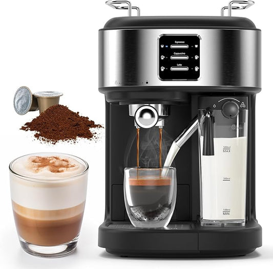 COWSAR 20 Bar Espresso Machine, Cappuccino Machine With Automatic Milk Frother, Latte Machine With Dual Boiler, 57oz Removable Water Tank, Expresso Coffee Machine For Ground Coffee & Capsules