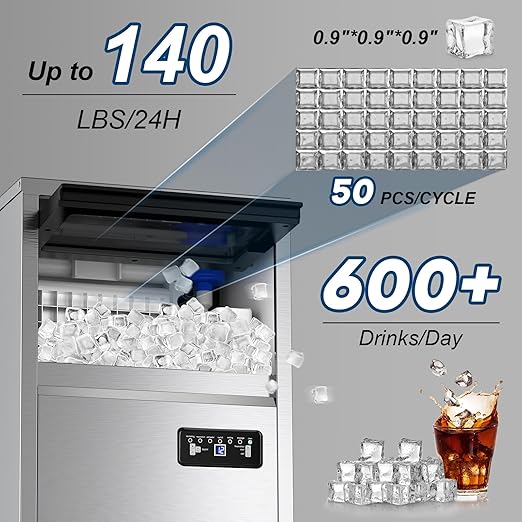 140Lbs/24H Ice Maker Machine with 30Lbs Ice Capacity for Commercial &Home use, 50Pcs Clear Ice Cubes per Round in 11-20Mins, Stainless Steel Under Counter Freestanding Ice Machine Maker