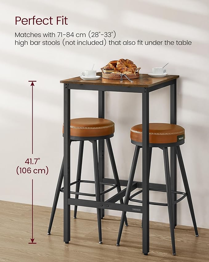 VASAGLE Bar Table, Small Kitchen Dining Table, High Top Pub Table, Height Cocktail Table for Living Room Party, Sturdy Metal Frame, 23.6 x 23.6 x 41.7 Inches for Narrow Spaces, Rustic Brown and Black