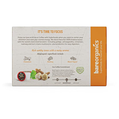 Focus Coffee with Superfoods - Organic Probiotic Mushroom Coffee Pods, Supports Healthy Focus & Digestion, Infused with Ashwagandha, Lion's Mane, and Cinnamon - 10 Recyclable Single Serve K-Cups