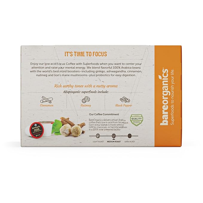 Focus Coffee with Superfoods - Organic Probiotic Mushroom Coffee Pods, Supports Healthy Focus & Digestion, Infused with Ashwagandha, Lion's Mane, and Cinnamon, USDA Certified Organic - 10 Recyclable Single Serve K-Cups - 6 Pack