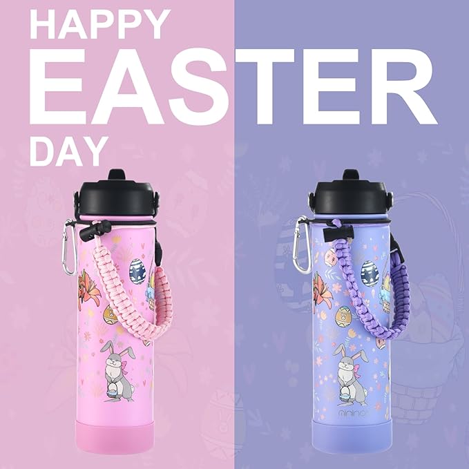 mininoo Water Bottle with Straw Lid, 24 oz Insulated Stainless Steel Double Wall Vacuum, Gifts, Cute Bunny & Egg(Lavender)