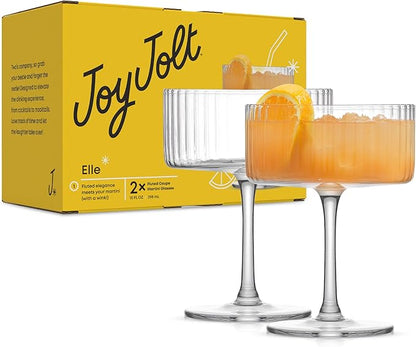 JoyJolt Elle Fluted 10oz Coupe Glass Set of 2, Unique Champagne Glasses for Cocktails and Martinis, Ribbed Vintage Style Drinking Glasses