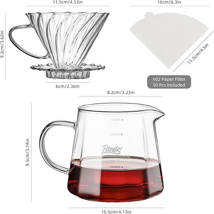 Bincoo Pour Over Coffee Maker Set, 16oz Drip Coffee Maker, Included Borosilicate Glass Coffee Carafer and Coffee Dripper & Size 02 50 Pcs Paper Filter (16oz-Clear)