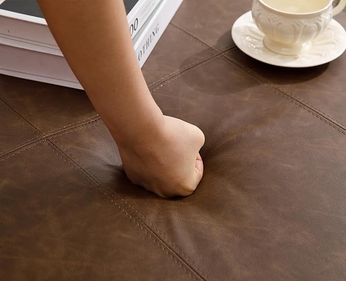 Kmax 32-Inch Dark Brown Faux Leather Coffee Table Large Square Ottoman Foot Rest Stool Upholstered Coffee Table with Wooden Shelf Storage for Living Room Office