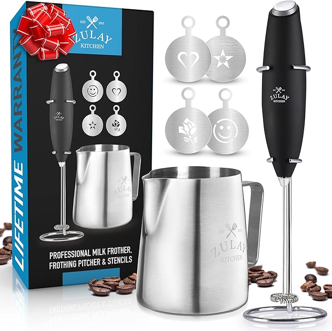 Zulay Kitchen Premium Gift Milk Frother Complete Set - Handheld Foam Maker, Stencils & Frother Set - Whisk Drink Mixer for Coffee - Mini Blender for Cappuccino, Frappe