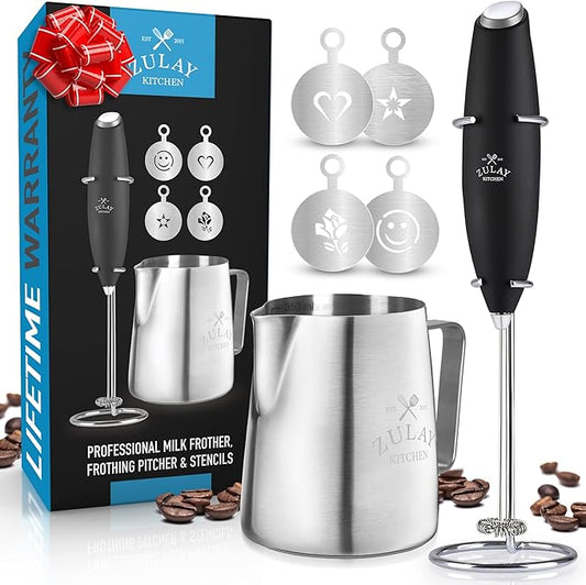 Zulay Kitchen Premium Gift Milk Frother Complete Set - Handheld Foam Maker, Stencils & Frother Set - Whisk Drink Mixer for Coffee - Mini Blender for Cappuccino, Frappe