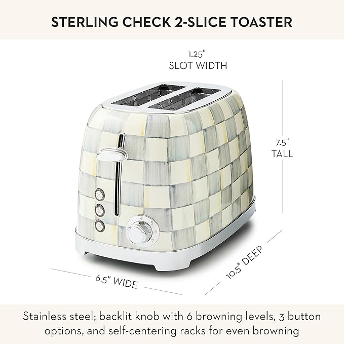 MACKENZIE-CHILDS 2-Slice Toaster, Decorative Toaster for Kitchen, Gray-and-White Sterling Check