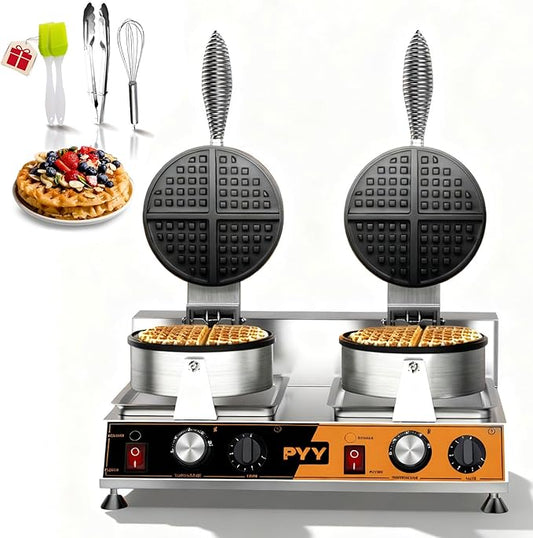 PYY Commercial Waffle Maker - Double Waffle Maker, Non-stick Electric Chaffle Maker for Restaurant Party Food Stall, Large, Stainless Steel
