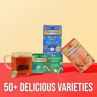 Twinings Peppermint Cheer Herbal Tea Individually Wrapped Bags, 20 Count (Pack of 6), Naturally Caffeine-Free, Peppermint & Vanilla, Enjoy Hot or Iced