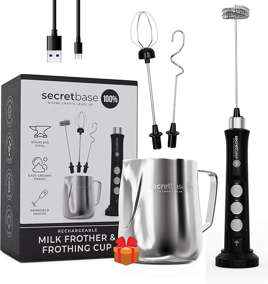 Secretbase 3 Speed Rechargeable Milk Frother and Cup Set, Cordless USB Type-C Charging Cradle - Handheld Milk Frother, Double-thickness Whisk, Tiny Egg Beater, Mini Electric Coffee Stirrer(Black)