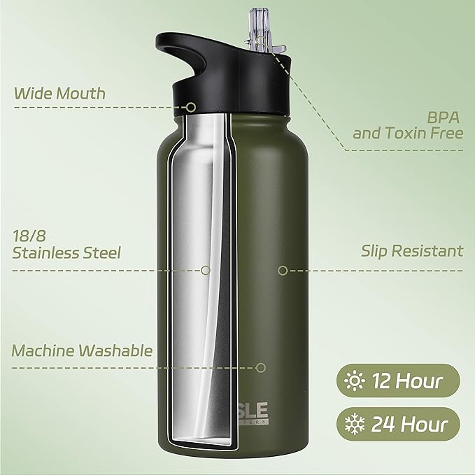 HASLE OUTFITTERS 32 oz Insulated Water Bottle Stainless Steel Double Walled Vacuum Sports Water Bottle with 2 Lids (Straw and Spout Lid) for Gym Camping Hiking(Army Green,4)