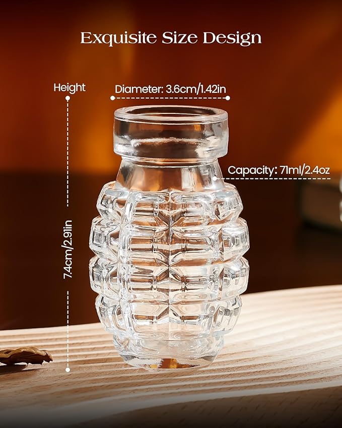 Kollea Grenade Shaped Shot Glasses, Shot Cups with Heavy Base for Whiskey, Tequila, Vodka, Liquors, Set Of 6, 2.37 oz, 21st Birthday Gifts for Men Dad, Military Cave Decor, Bartender, Christmas