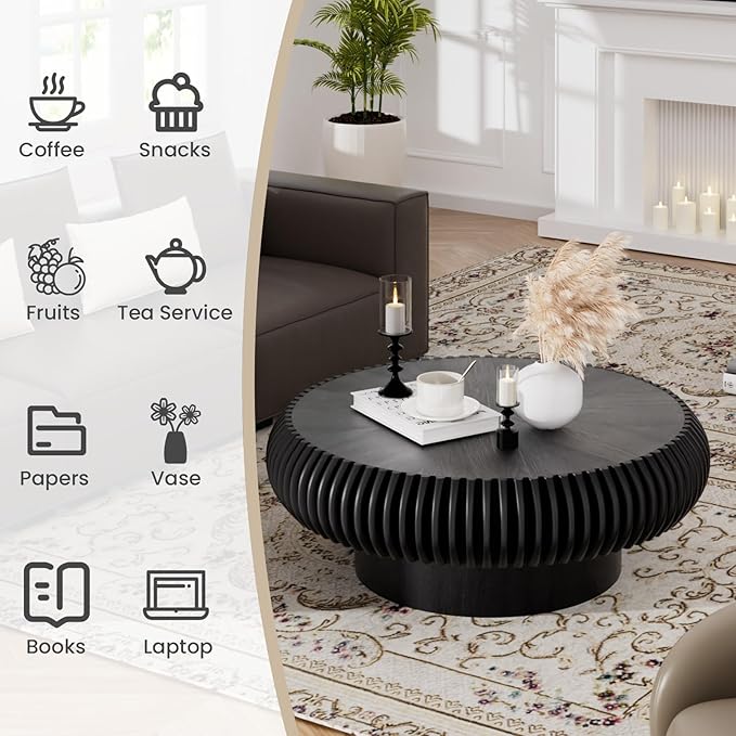 Round Fluted Coffee Table Modern Handcraft Drum Coffee Table with Sturdy Pedestal 31.5" Farmhouse Center Table Tea Table for Living Room, Reception Room, Entertainment Room (Black 31.5 inch)