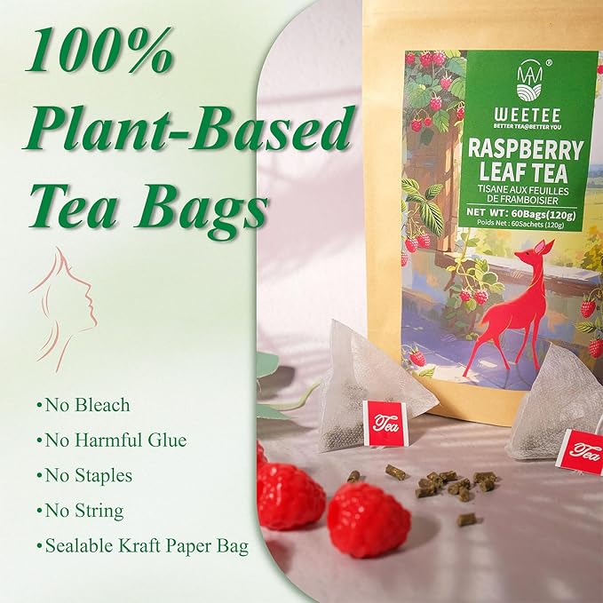 WT WEETEE Red Raspberry Leaf Tea Bags, 60 Count Corn Fibre, Pure Cut & Sifted Raspberry Leaves, No Sugar, No Caffeine, Natural Pregnancy Tea