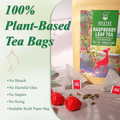 WT WEETEE Red Raspberry Leaf Tea Bags, 60 Count Corn Fibre, Pure Cut & Sifted Raspberry Leaves, No Sugar, No Caffeine, Natural Pregnancy Tea