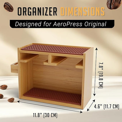 HEXNUB – Bamboo Organizer for AeroPress, Coffee Caddy Station Holds AeroPress Coffee Maker, Accessories, Filters, Cups, Stand includes Dripper Mats (Brown)