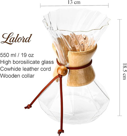 Pour Over Coffee Maker, 19 oz Borosilicate Glass Coffee Carafe with 100 PCS Paper Filter, Wooden Collar & Cowhide rope, Glass Coffee dripper (Clear, 550 ml(only Paper Filter))