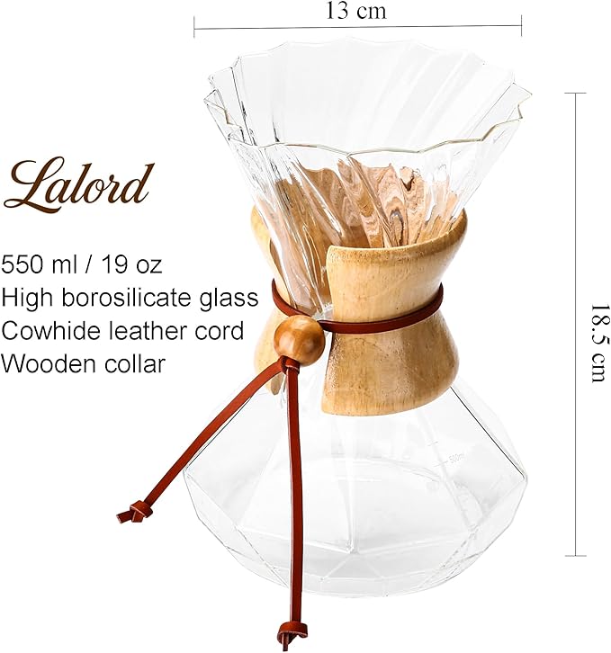Pour Over Coffee Maker, 19 oz Borosilicate Glass Coffee Carafe with 100 PCS Paper Filter, Wooden Collar & Cowhide rope, Glass Coffee dripper (Clear, 550 ml(only Paper Filter))