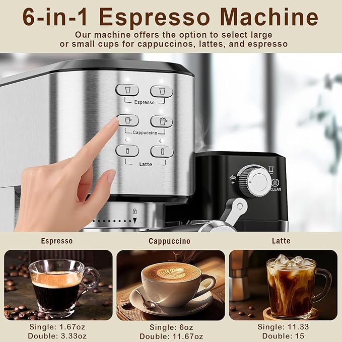 Espresso Machine 20 Bar, Coffee Maker with Automatic Milk Frother, 6-in-1 One-Touch Small/Large Shot, Espresso Maker for Cappuccino/Latte, Compact for Home and Office, Stainless Steel