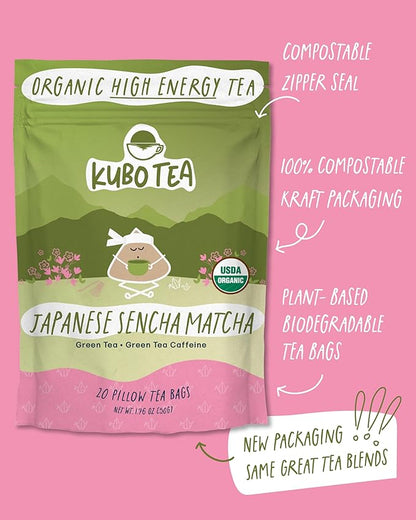Kubo Tea Japanese Sencha Matcha Tea - Organic High Caffeine Energy Blend w/ Matcha Powder - 20 Pillow Tea Bags (140mg Caffeine each) - Coffee Substitute for Hot & Iced Drinks, Biodegradable & Compostable Packaging