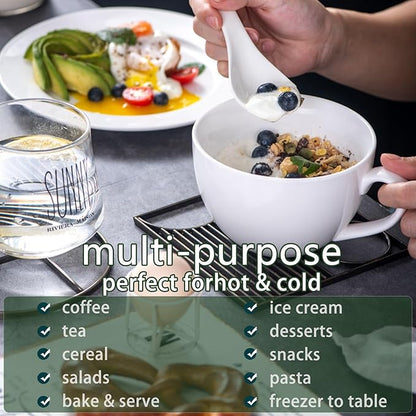 Chulan 22 oz Extra Large Bone China Cereal Mug Set of 4, Oversize White Ceramic Latte Mugs, Jumbo Soup Mugs Coffee Cups with Handles for Chocolate Cocoa Beverage Milk Salads Yogurt, Microwave Safe