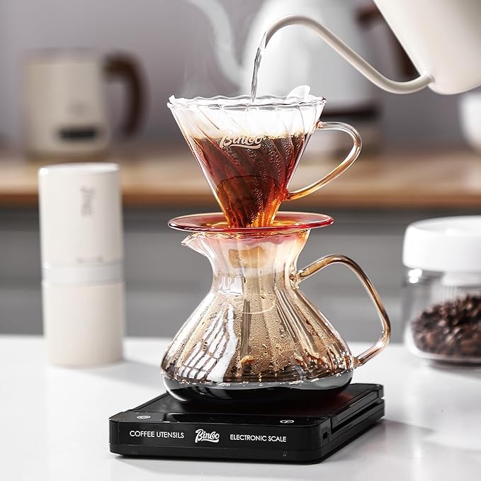 Bincoo Pour Over Coffee Maker Set,650ML Borosilicate Glass Carafe with Coffee Driper&50pcs Paper Filter,Glass Coffee Maker for Home Café Restaurant(Champagne)