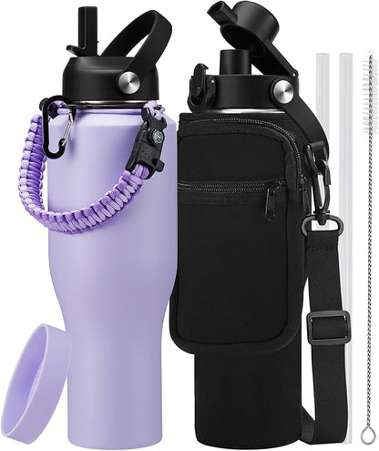 40 oz Water Bottle with Straw - Stainless Steel Insulated Water Bottle w/Survival Paracord Handle & Carrier Bag, Keep Cold-48H & Hot-24H, Thermo Coffee Cups Fits in Car Cup Holder