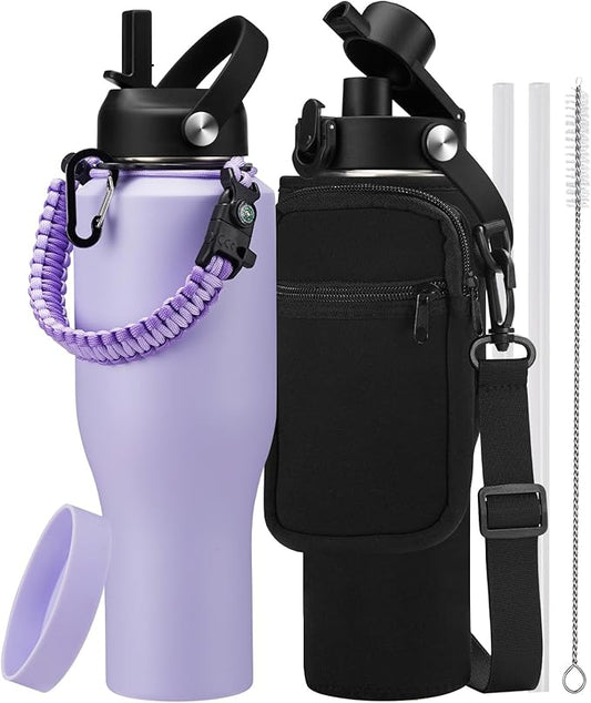 40 oz Water Bottle with Straw - Stainless Steel Insulated Water Bottle w/Survival Paracord Handle & Carrier Bag, Keep Cold-48H & Hot-24H, Thermo Coffee Cups Fits in Car Cup Holder