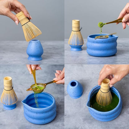 Premium 9 Piece Matcha Set With Ceramic Matcha Bowl, Bamboo Whisk & Holder, Stainless Steel Spoon & Sifter, Glass Cup & Straw, Electric Frother, Storage Bag - Gift for Matcha Lovers (Blue)