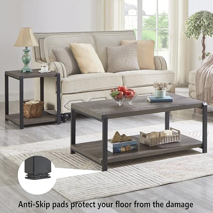 EXCEFUR Coffee Table with Storage Shelf, Rustic Wood and Metal Cocktail Table for Living Room, Grey