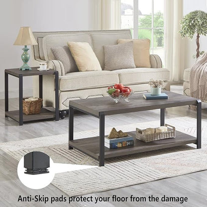 EXCEFUR Coffee Table with Storage Shelf, Rustic Wood and Metal Cocktail Table for Living Room, Grey