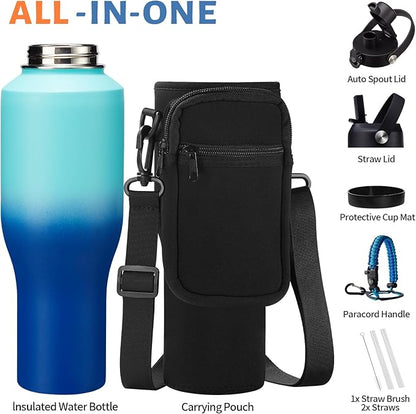 40 oz Insulated Water Bottle Fit in Car Cup Holder - Metal Water Bottle with Straw, Auto Spout Lid, Leakproof T-shape Stainless Steel Tumbler with Lid & Straw, Storage Carrier Bag, Silicone Boot