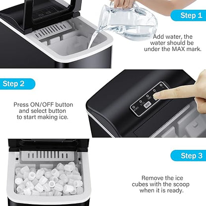 Counter top Ice Maker Machine, 26Lbs/24H Self-Cleaning Ice Makers Countertop, 9 Cubes Ready in 6mins Portable Ice Cube Maker with Ice Scoop Basket, Hook for Home Camping Party (Black)