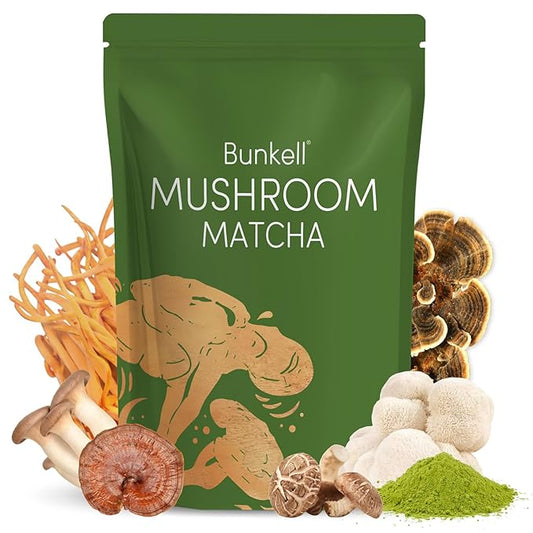Bunkell Mushroom Matcha, Adaptogenic 6 Mushrooms Mix w/Japanese Matcha, Ceremonial Powder Blend with Lion's Mane, Reishi, Cordyceps & Shiitake for Energy, Focus & Immune Support, 30 Servings 1 Pack