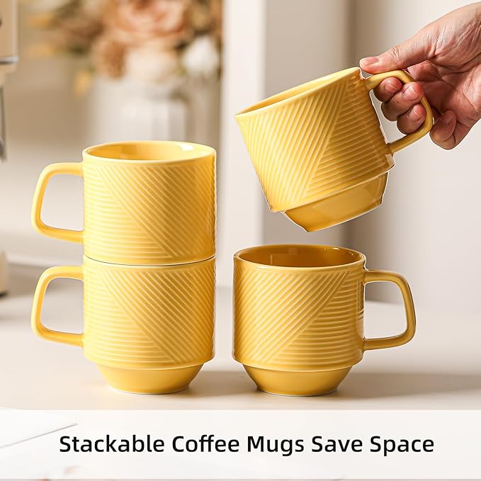 Stackable Coffee Mugs Set: 13 oz Ceramic Stacking Cups for Cappuccino Latte Tea - Microwave Safe Mug for Home & Office - 4 PCS, Light Yellow
