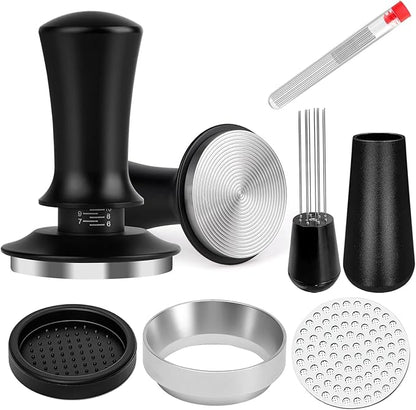 Coffee Espresso Tamper 51mm with WDT Tool Calibrated Spring Loaded,wdt tool espresso and Silicone Tamper Mat,Dosing funnel and coffee puck screen,Black espresso accessories Tool,12 replacement needles