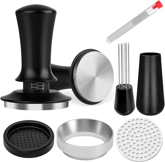Coffee Espresso Tamper 51mm with WDT Tool Calibrated Spring Loaded,wdt tool espresso and Silicone Tamper Mat,Dosing funnel and coffee puck screen,Black espresso accessories Tool,12 replacement needles