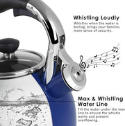 Rorence Stainless Steel Tea Kettle: 2.6 Quart Whistling Kettle with Capsule Bottom & Heat-resistant Glass Lid – Navy Blue