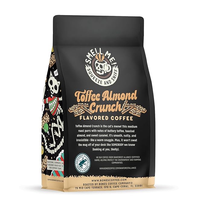 Bones Coffee Company Toffee Almond Crunch, Toffee Almond Flavored Coffee, Medium Roast Low Acid Arabica Beans Compatible with Auto drip and French Press Coffee Maker, 12 Oz Whole Bean
